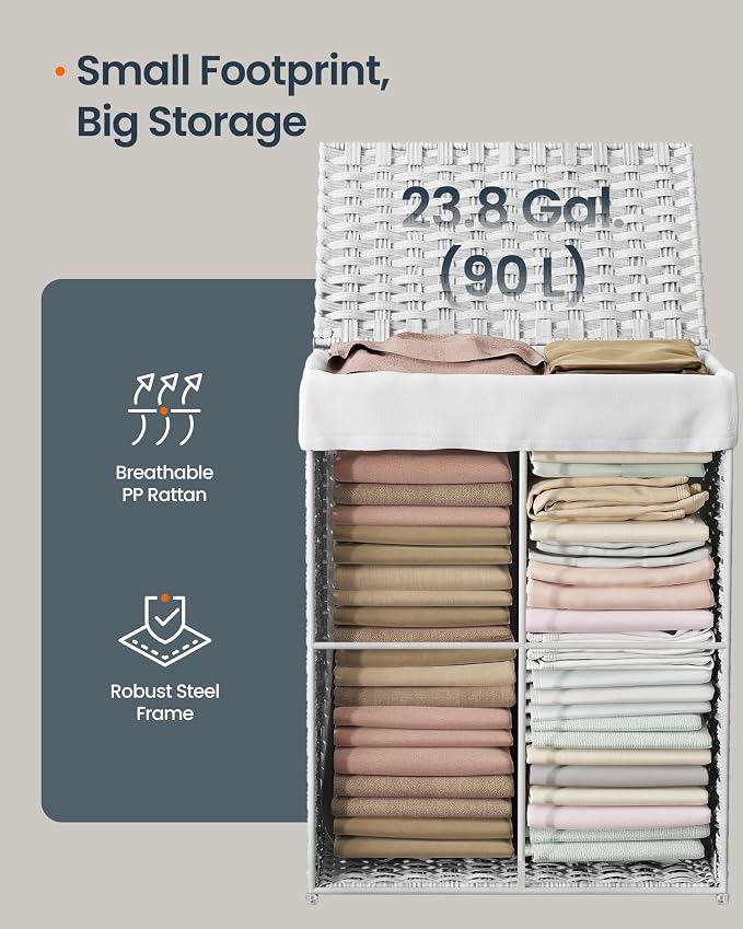 SONGMICS HOME Laundry Hamper with Lid, Clothes Basket with Removable Liner and Handles, 23.8 Gallon, Foldable Narrow Laundry Organizer for Bathroom, Bedroom, White