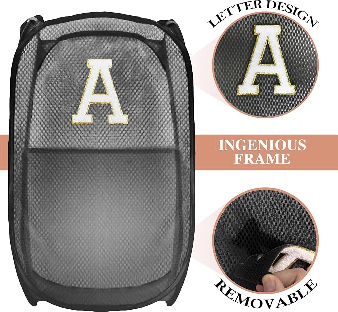 Collapsible Pop Up Laundry Hamper, Extra Large with Removable Initial Letter A, Mesh Foldable Laundry Basket, 28" x 16" x 16" (Black)