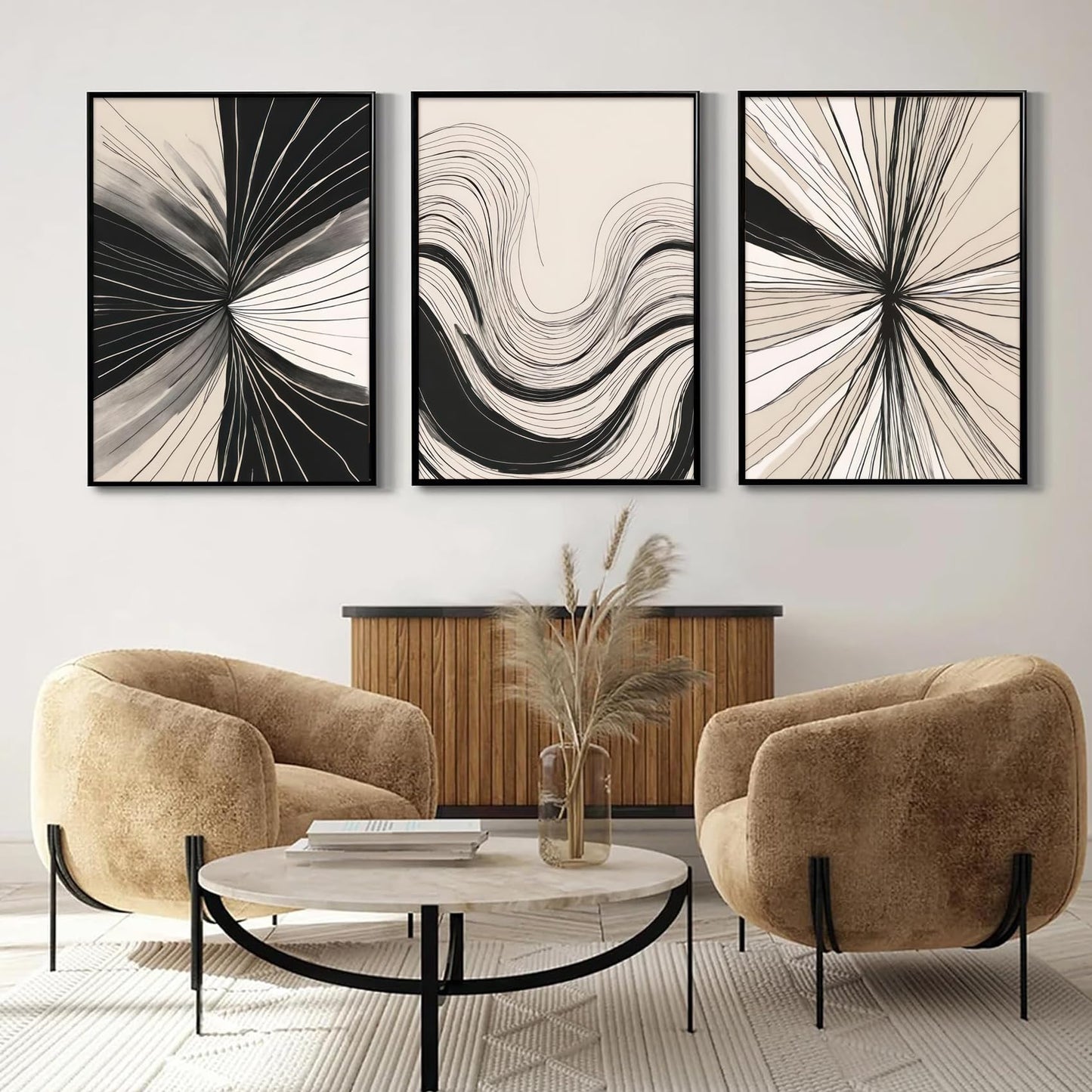 3Pcs Abstract Line Wall Art Modern Boho Neutral Line Wall Decor Mid-Century Paintings Geometric Minimalist Black and Beige Posters prints Artwork for Living Room Bedroom Office Home12x16in Unframed