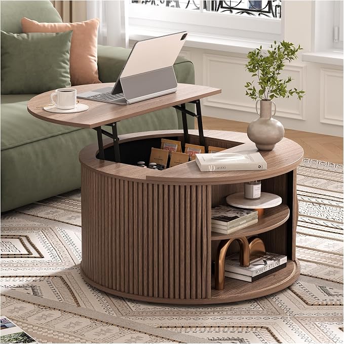 JOINICE 31.5" Round Lift Top Coffee Table, Mid Century Modern Walnut Center Table with Hidden Storage, Fluted Drum Wood Design for Small Living Room & Apartment