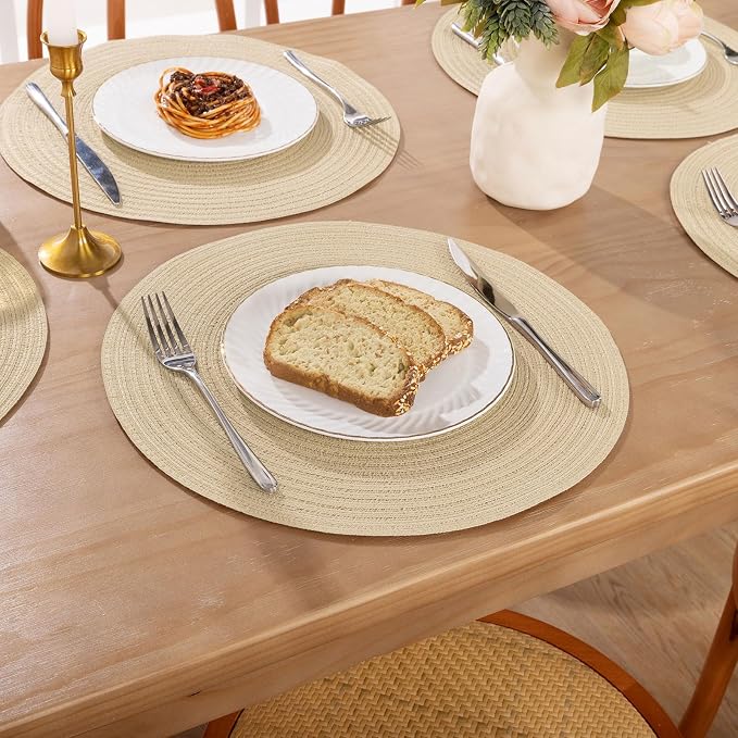 SHACOS 15 inch Round Placemats Set of 8 for Dining Table Cotton Polyester Braided Place Mats Washable Kitchen Table Mats for Dinner Party Table (Light Beige, 8)
