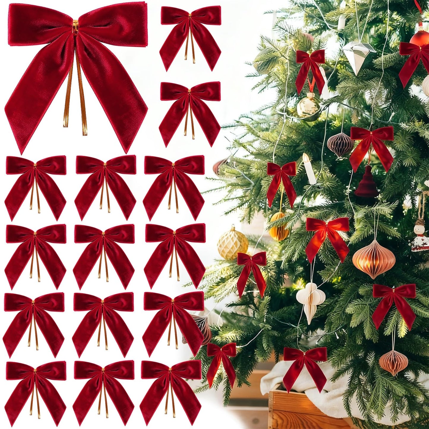 30Pcs Red Velvet Ribbon Bows Twist Tie Bows 3.5x3.5in for Christmas Tree Decorations Ornaments Wreath Baby Shower Treat Bag Gift Wrapping Crafts Xmas Candy Bags Décor