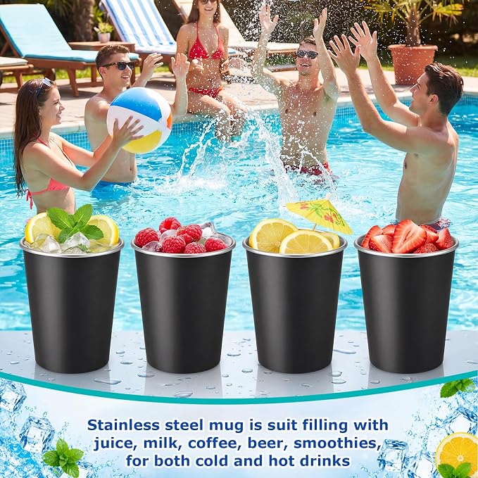Mimorou 20 Pack 8 oz Stainless Steel Pint Cups Metal Cups Unbreakable Drinking Water Tumblers Stackable Tumbler for Adults Bar Home Restaurant Travel Picnic Camping Outdoor (Black)