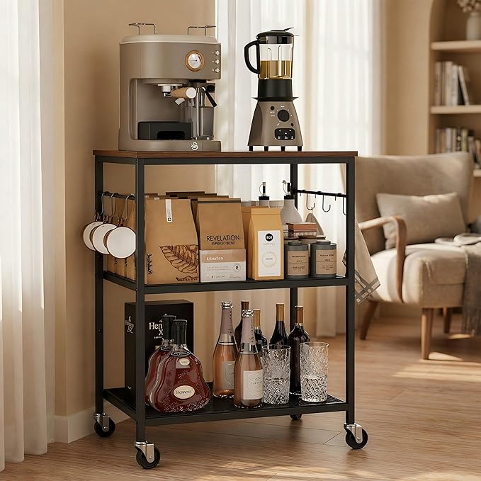 Homleke 3-Tier Rolling Kitchen Microwave Cart, Kitchen Utility Cart on Lockable Wheels, Coffee Bar Table Station with 6 S-Shaped Hooks, Small Appliance Storage Shelf, Rustic Brown and Black