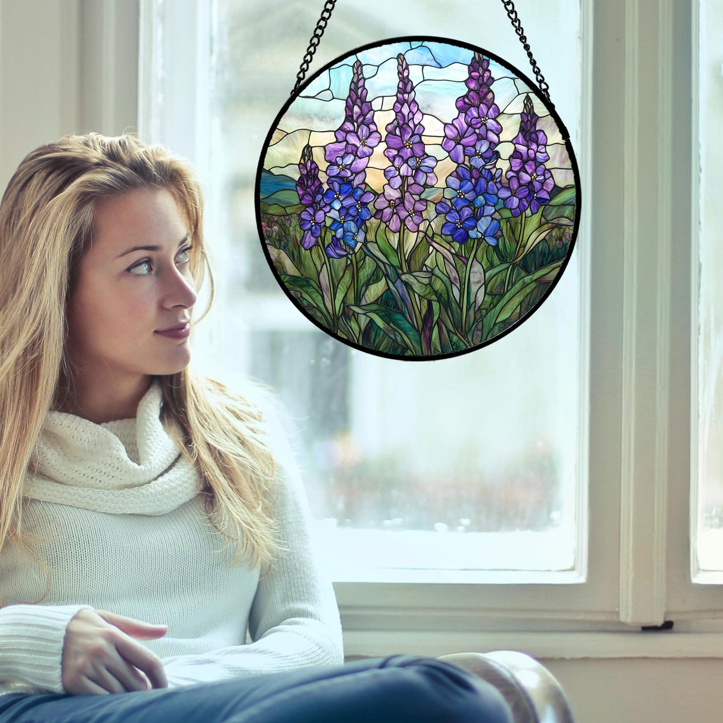 CRISGIF Stained Glass Window Hanging - Purple Delphinium Birth Flower Suncatcher for Door Garden Patio Sun Catchers Decor Christmas Mother's Day Birthday Gifts for Women Mom Nana Friend 11.8 in