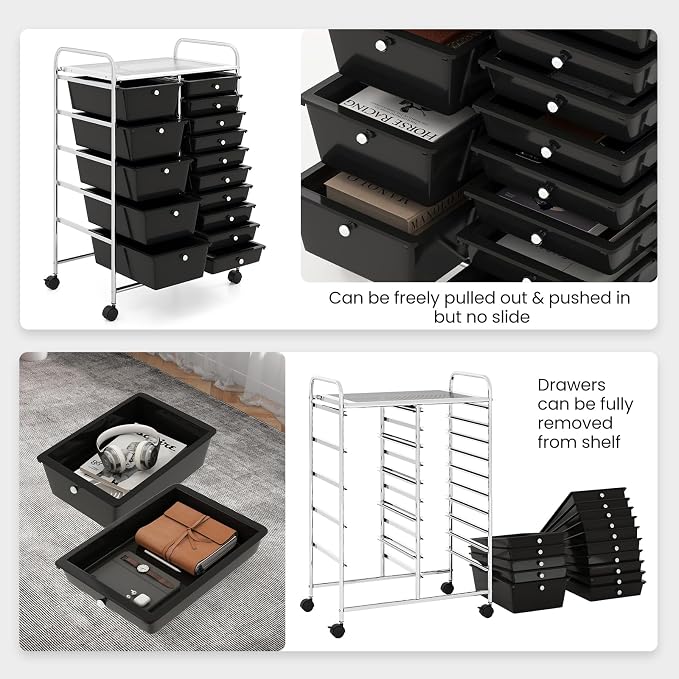 Giantex 15 Drawer Rolling Storage Cart Tools Scrapbook Paper Office School Organizer, Black