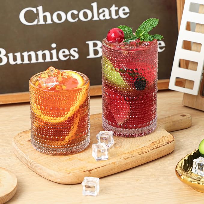 Moretoes Water Glass Cups Set of 2 Hobnail Drinking Glasses, Vintage Glassware 12 Oz Highball Glasses & 10 Oz Cocktail Glasses, Clear Embossed Tumbler Glassware Set for Whiskey, Beer, Juice, Milk