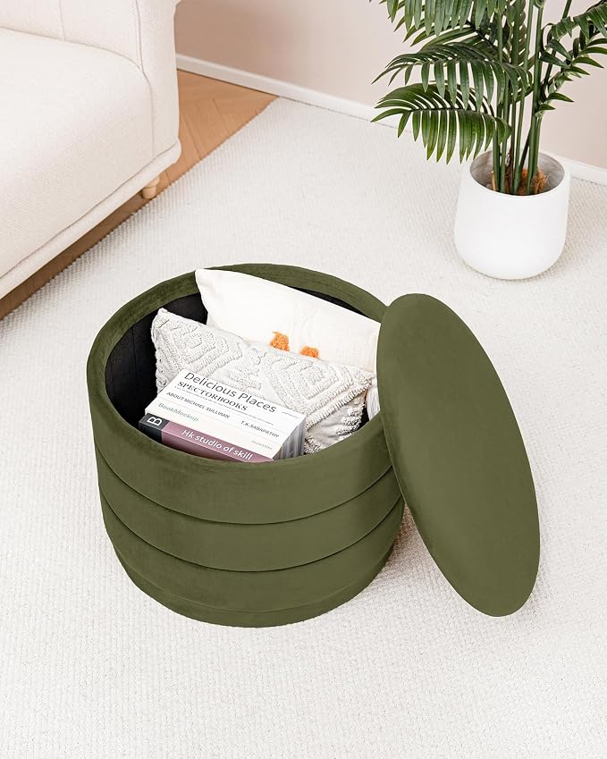 B FSOBEIIALEO Round Velvet Storage Ottoman with Tray, Folding Ottoman with Storage Coffee Table Foot Rest for Dorm Room, Living Room Olive, 22.83"x22.83"x17.32"