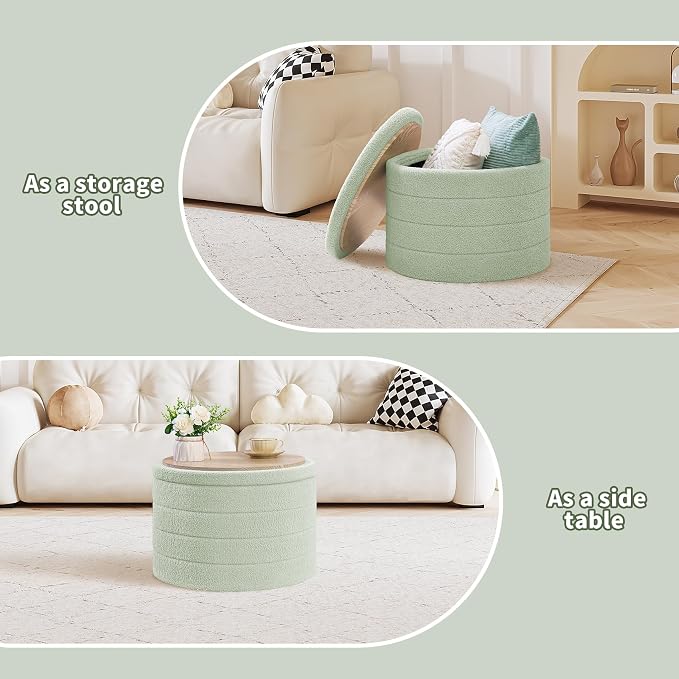 PINPLUS Round Ottoman with Storage, Foldable Sherpa Ottoman Stool with Tray,Boucle Foot Rest for Living Room, Bedroom, Dorm(Green)