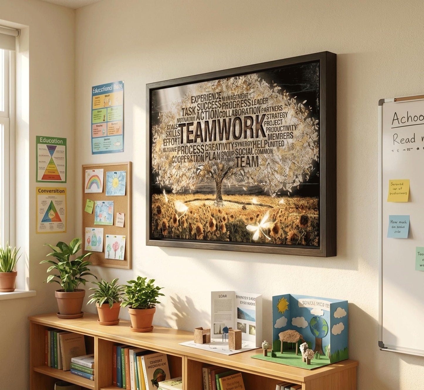 Framed Teamwork Tree Canvas Wall Art Inspirational Office Wall Decor Picture Motivation Positive Quotes And Sunflower Poster Print Painting for Living Room Bedroom Classroom Home Decoration