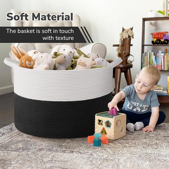 INDRESSME 115L Extra Large Cotton Rope Blanket Basket, Woven Storage for Living Room Toy Baskets Kids Baby Laundry Hamper for Dirty Clothes, Pillows, White & Black