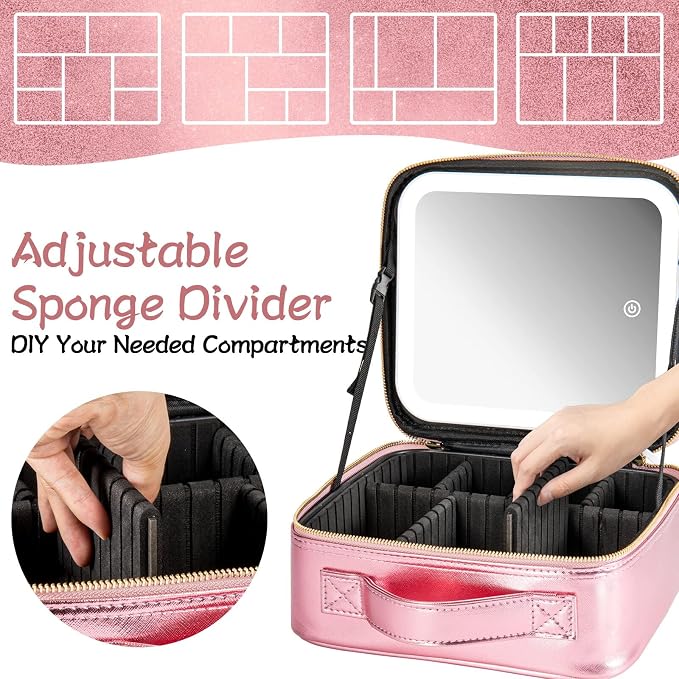 Extrei Gent Makeup Travel Train Case with Mirror LED Light 3 Adjustable Brightness Large Cosmetic Bag Portable Storage Adjustable Partition Waterproof Makeup Brushes Make up Jewelry Gift for Women