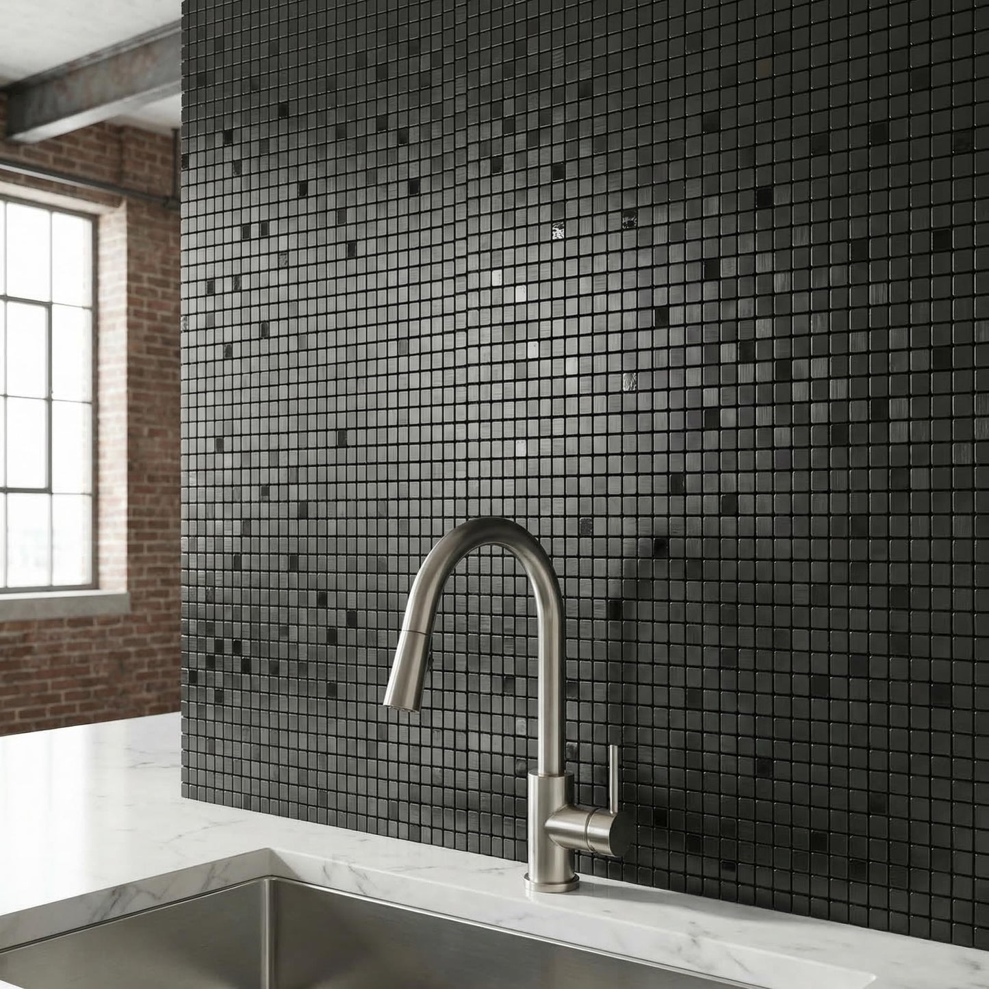 sanyeskkiy 10pcs Matte Black Mosaic Wall Stickers - Peel & Stick Waterproof Backsplash, Non-Slip Heat-Resistant DIY Stickers, Easy Cutting, Shower/Bathroom/Kitchen Cabinets (10, Brushed Black 1)