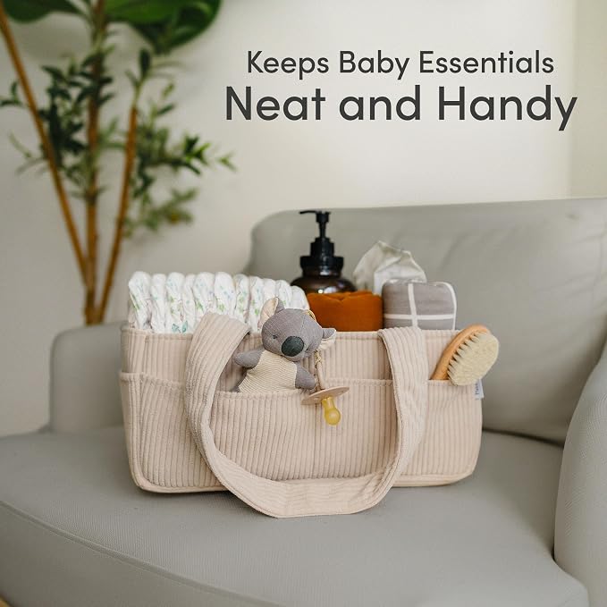 PUTSKA Baby Diaper Caddy Organizer for Changing Table – Stylish Nursery Storage Basket, Newborn Essentials, Baby Shower Gifts and Registry Must-Haves for Boy or Girl, Car Diaper Caddy, Corduroy Cream