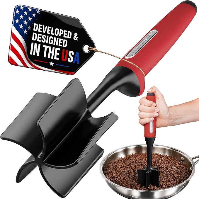 Zulay Kitchen Ground Beef Chopper Tool – 5-Blade Nylon Meat Chopper for Ground Beef, Non-Toxic Food Safe Meat Masher & Breaker, Heat Resistant to 180°C, Dishwasher Safe – Red
