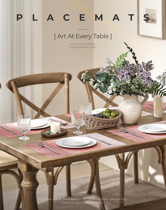 Leetaltree Gradient Pink Woven Placemats Set of 6 - Heat Resistant Non-Slip Place mats for Dining Table, Washable Durable PVC Vinyl Woven Table Mats(Gradient Pink, 6)