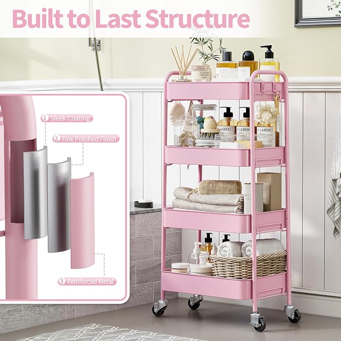 TOOLF 4-Tier Rolling Cart - Metal Storage Organizer with Lockable Wheels, 44 lbs Per Shelf Capacity, Tool-Free Assembly, for Kitchen Bathroom Office Laundry Room Nursery, Pink