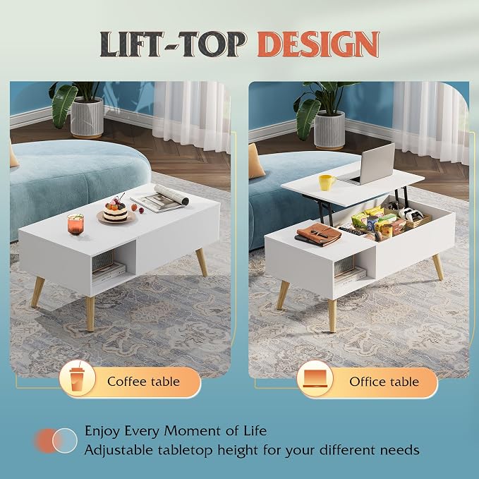 WLIVE Coffee Table for Living Room, Lift Top Coffee Table with Storage, Small Rising Wooden Dining Center Table with Storage Shelf & Hidden Compartment, 39" White