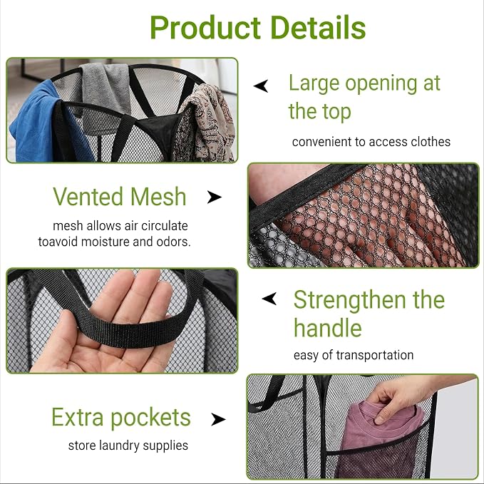 BATTOO Deluxe Strong Mesh Pop up Laundry Hamper Basket with Side Pocket for Laundry Room, Bathroom, Kids Room, College Dorm or Travel 2 Pack Black