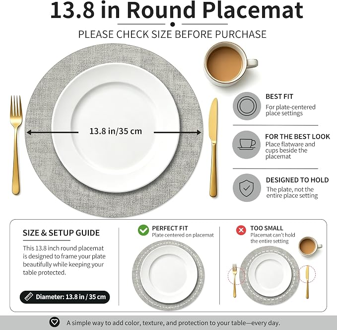 Maxpearl Round Placemats Set of 6, 13.8 inch Faux Leather Heat Resistant Table Mats, Non Slip Waterproof Wipeable Place Mats for Kitchen Dining Holiday Party Table Settings, Grey