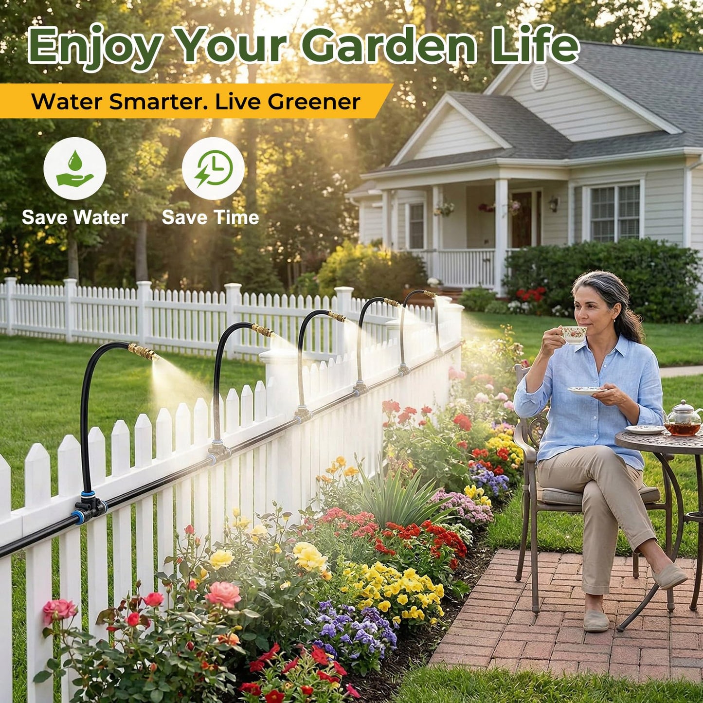 50FT Drip Irrigation Kit, 360° Adjustable Garden Watering System with 1/4" Tubing, Brass Misting Nozzles, DIY Irrigation System for Plants, Raised Beds, Greenhouse