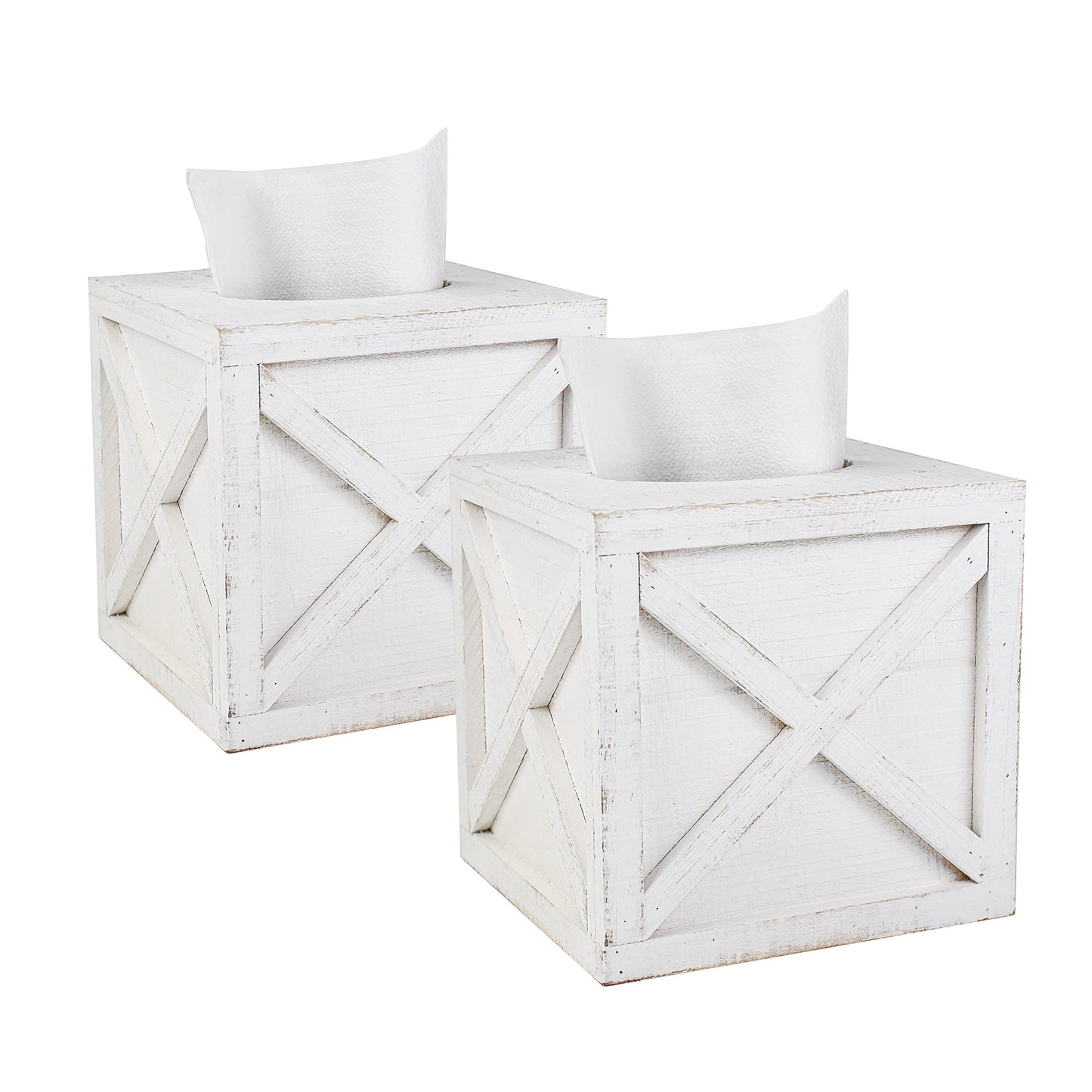 Karisky 2 Pack Square Rustic Wood Tissue Box Cover Holder with Slide-Out Bottom Panel, Farmhouse Facial Paper Dispenser for Bathroom Vanity, Bedroom, Night Stands, Office, 6 x 6 inch, White