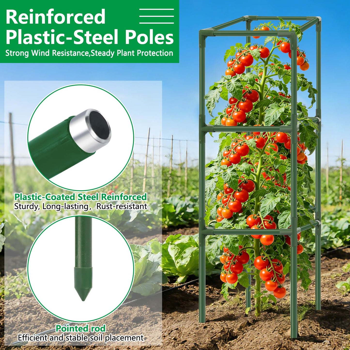 SprintGy 3 Pack Square Tomato Cages, 49'' Tall Heavy Duty Steel Tomato Trellis Kit for Garden, Plant Support Tower Stakes Cucumber Pepper Trellis for Climbing Vegetable Flowers