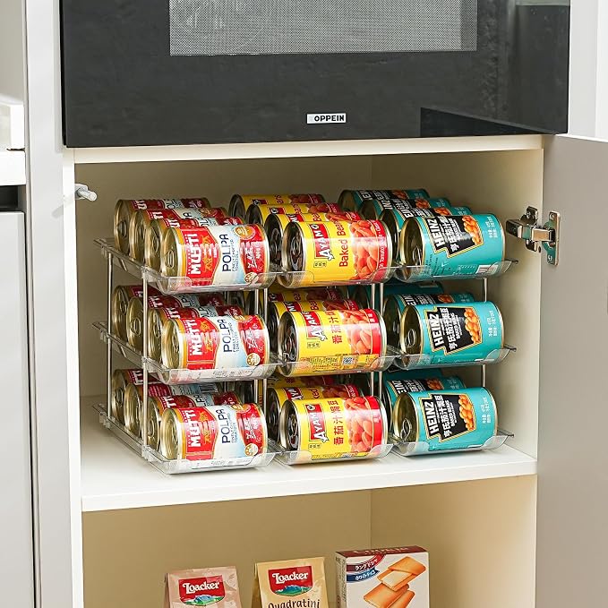 Amllas Can Organizer for Pantry, Stacking Can Storage Organizer Pantry, Automatic Rolling Can Rack for Fridge, 2Tire 3 Columns Can Holder for 24 Cans, Canned Goods Organizer