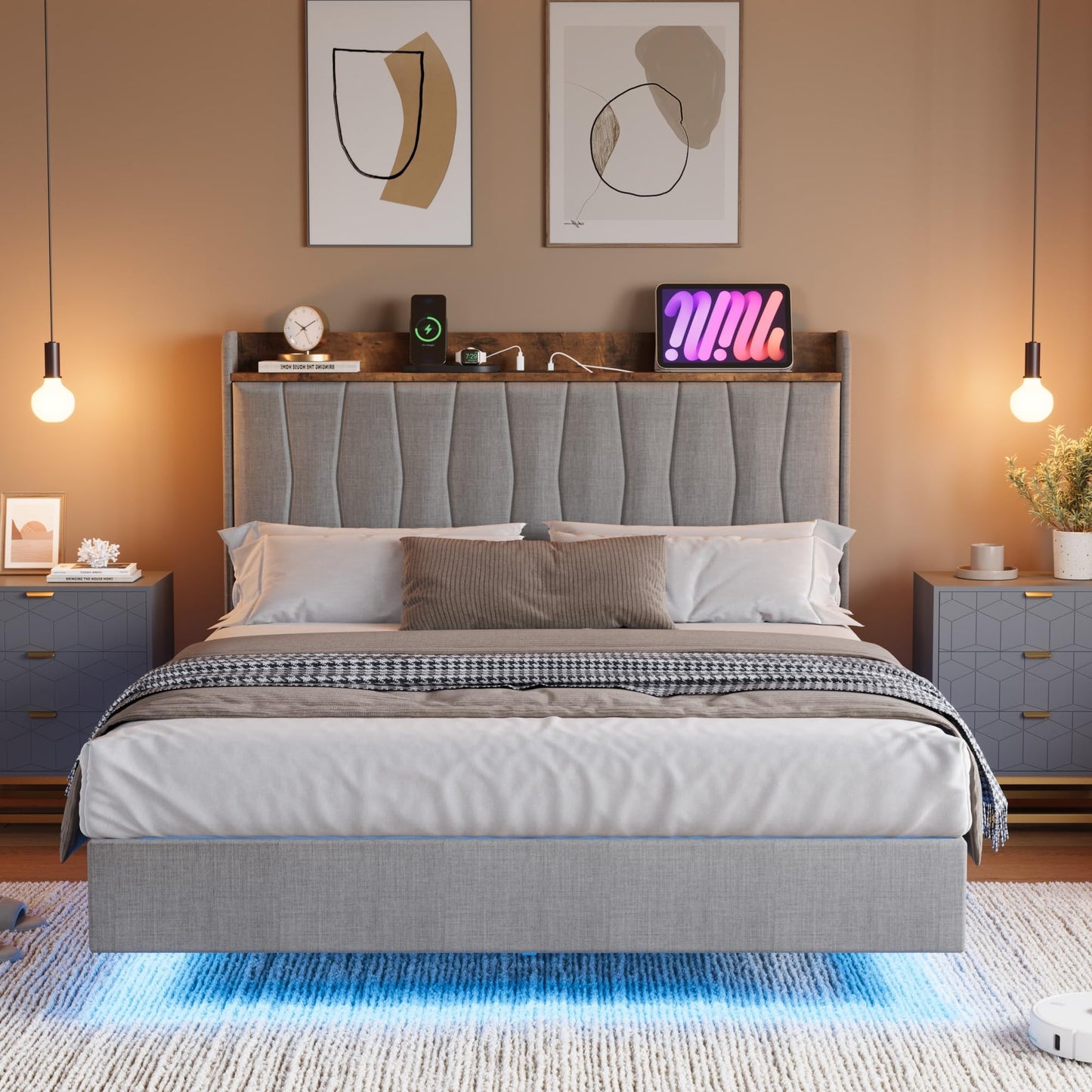 GarveeHome Floating Bed Frame King with LED Lights & USB Charging Station – Modern Upholstered Platform Bed with Headboard, Solid Wood Slats Support, No Box Spring, Easy Assembly, Noise-Free, Grey