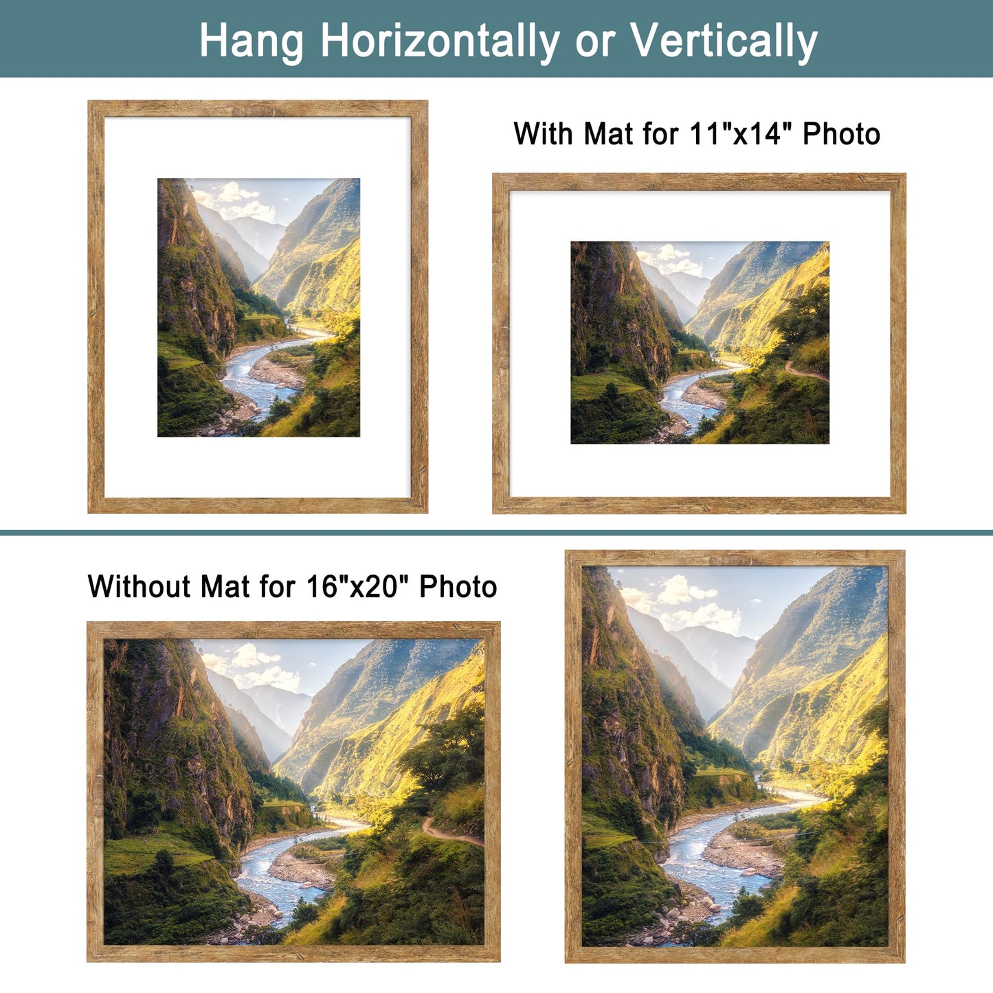 iRahmen 16x20 Picture Frame Set of 2 with Plexiglass, Display Pictures 11x14 with Mat or 16 x 20 Without Mat, Rustic Brown Wood Poster Frame for Photo Wall Gallery Mounting