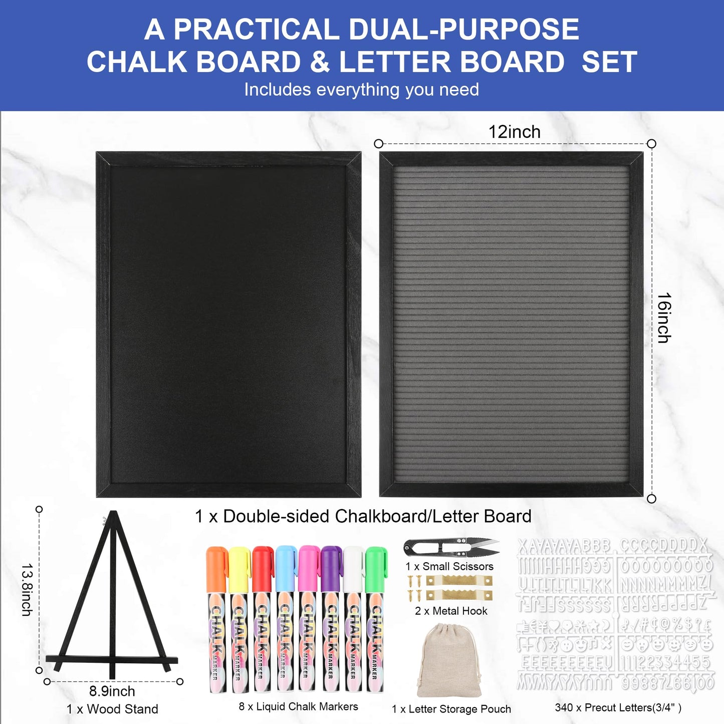 12x16 inch Double Sided Chalkboard and Felt Letter Board with Stand - Reversible Wooden Frame Easel for Menu, Announcements, Home, Office, Cafe, Restaurant Decor