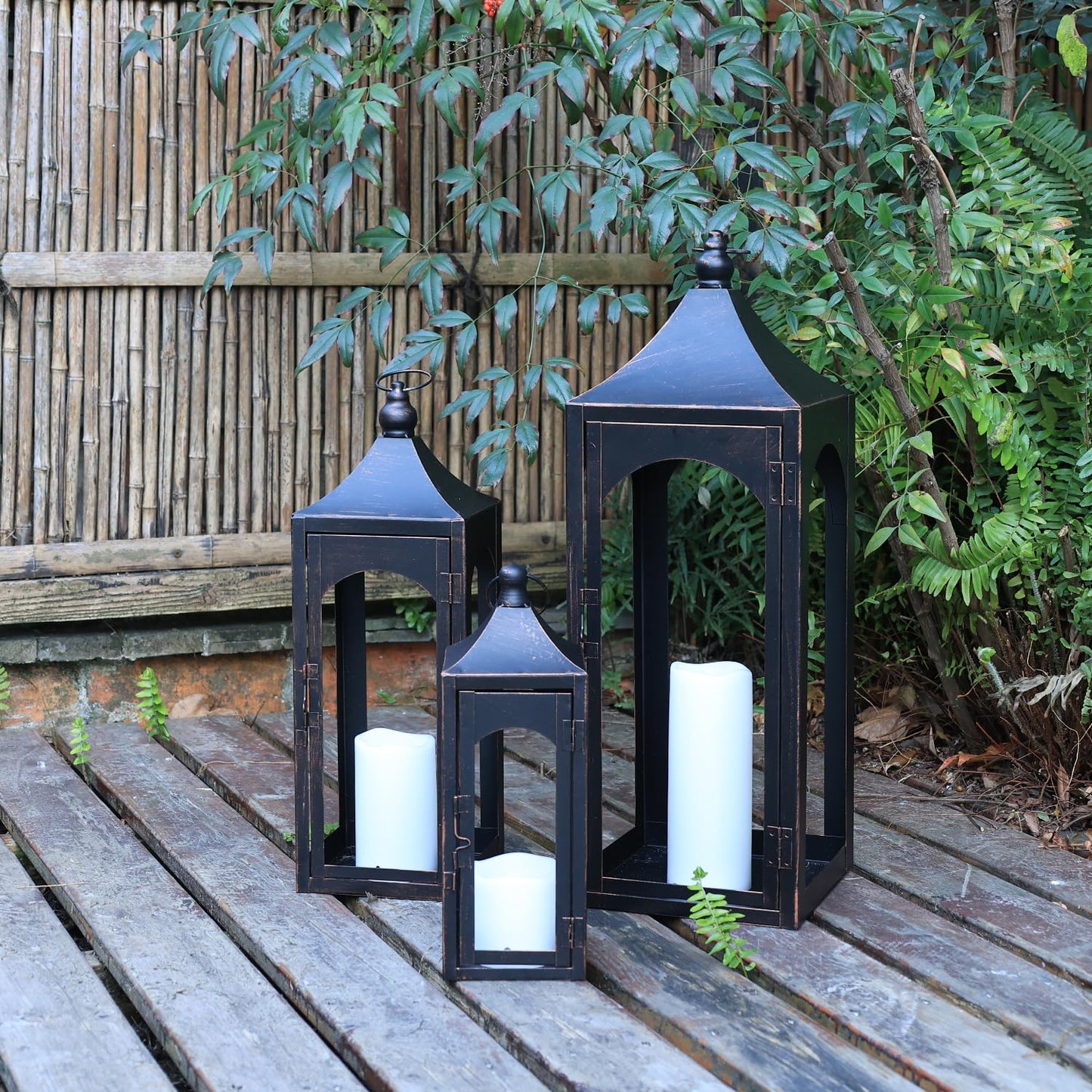 NEEDOMO Lanterns Decorative Indoor&Outdoor,Set of 3 Outdoor Lanterns for Porch, 26" Metal Frame Candle Holders with LED Candles, Fall, Christmas