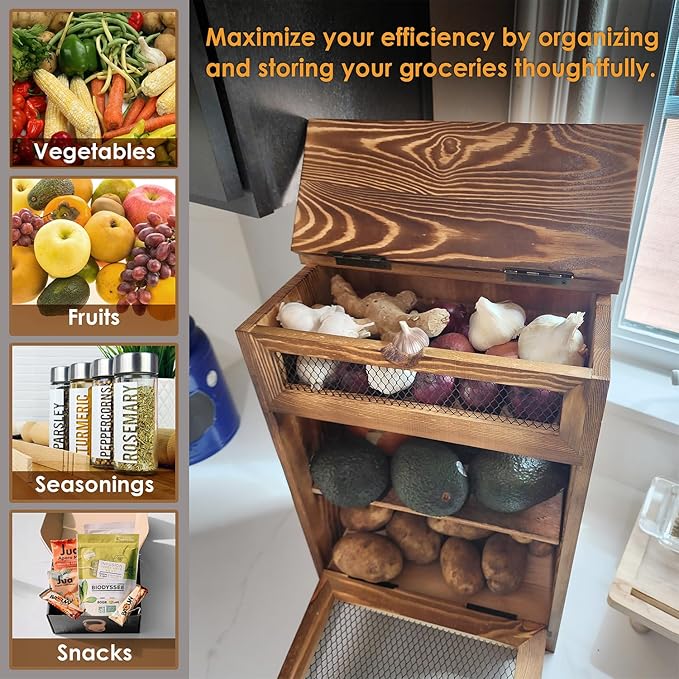 Ikee Design Free Assemble Wooden Countertop Potato and Onion Storage Bin Box,Countertop Cabinet, Wooden Bread Boxes, Potato Storage, Coffee Station, 11.8W x 6.8D x 16H in, Rustic Color