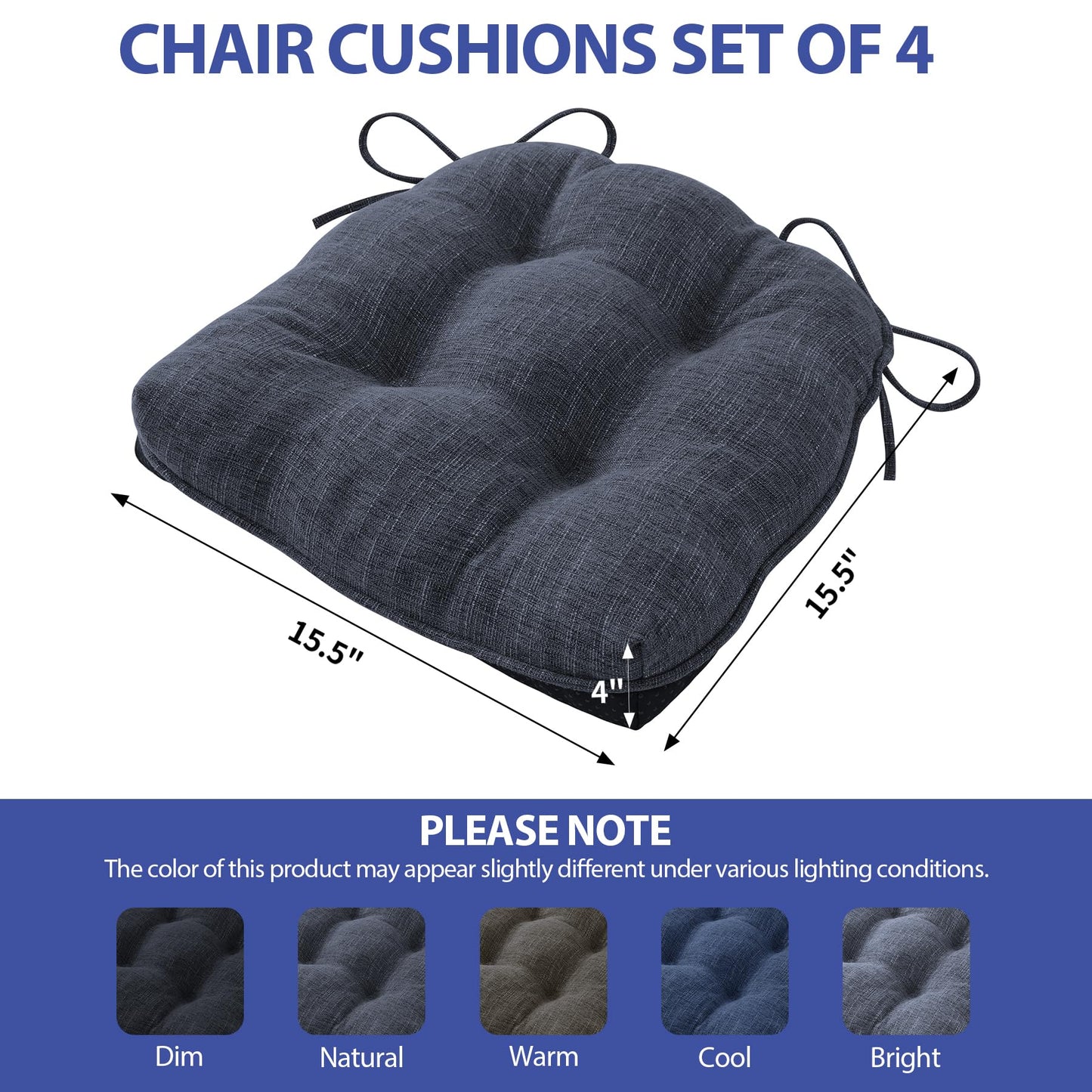IPYNBAP Chair Cushions for Dining Chairs Set of 4, Kitchen Chair Cushions, Chair Pads with Ties and Non Slip Backing, Tufted Memory Foam Seat Cushion 4 Pack, 15.5" x 15.5" x 4", Navy Blue