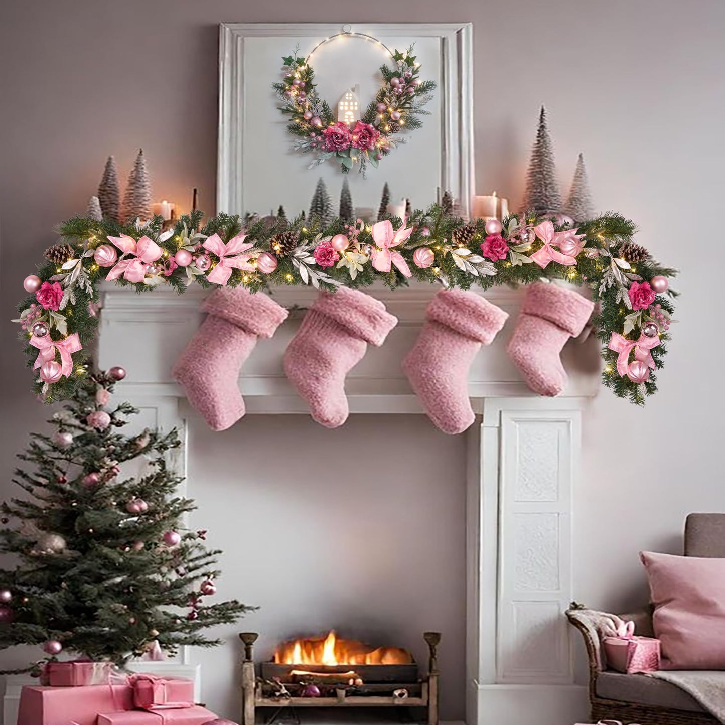 6 feet Christmas Pink Garland for Front Door with 30 LED Lights,Festive Lighted Holiday Decor,prelit Mantel Garland withTimer,Stair and Fireplace Pink Rose Decoration for Christmas and Wedding