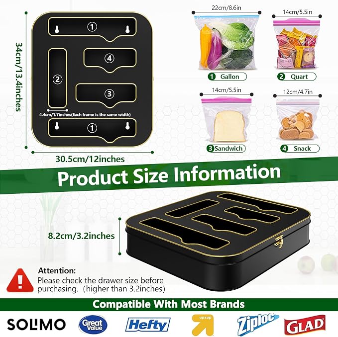 Metal Bag Storage Organizer Kitchen Drawer, Non-Marking Installation of Sandwich Bag Organizer, 5 in 1 Baggie Organizer for Drawer for Gallon, Quart, Snack(Black)