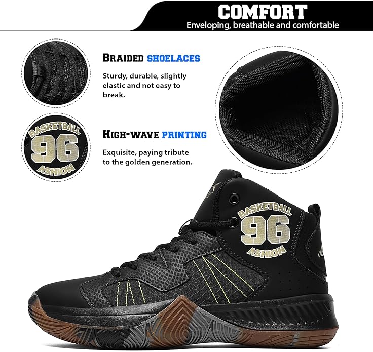 ASHION Kids Basketball Shoes Boys Girls Sneakers Mid-Top Lace Up Cushion Anti Slip Athletic Outdoor Sport Shoes for Unisex-Child