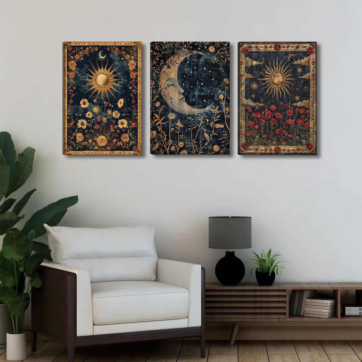 3pcs Sun and Moon Celestial Canvas Wall Art Tarot Crescent Moon Picture Wall Decor Gothic Wildflowers Painting Posters Print Artwork Aesthetic Dark Academia Vibe for Bedroom Home Decor(12x16in canvas)