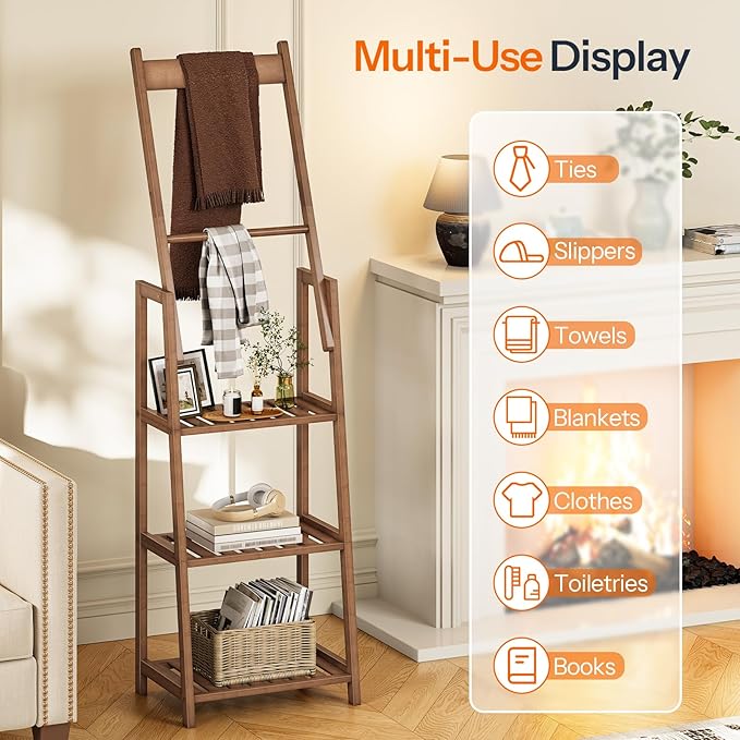 HOOBRO 3 Tier Ladder Shelf, Blanket Ladder, Bookcase Storage Rack Organizer, Bamboo Storage Shelf, Freestanding Shelving Unit, Farmhouse Ladder Rack for Living Room and Bedroom, Mocha MA123CJ01