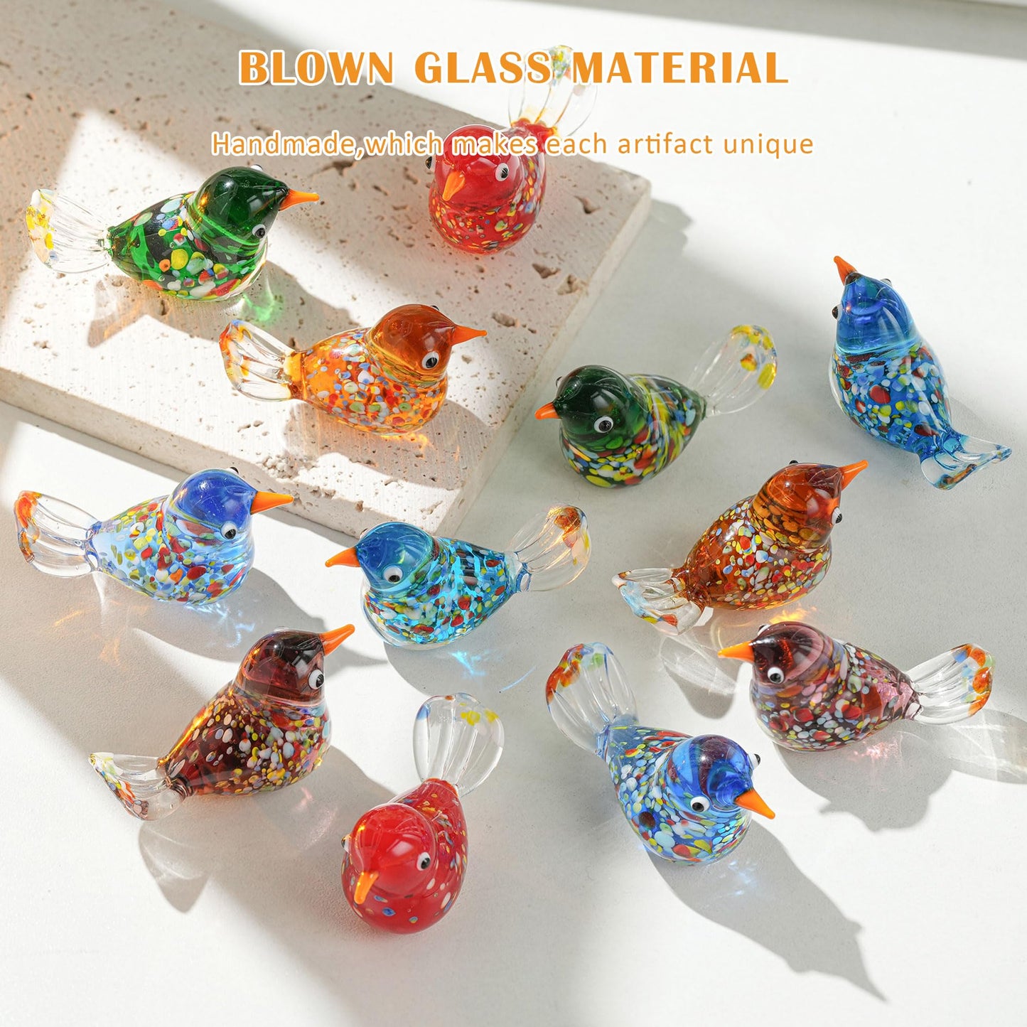 HDCRYSTALGIFTS 6pcs Hand Blown Glass Bird Figurines 1.9'' Mini Animal Statues Decorative Miniature Birds Collectibles for Home Table Decor Unique Birthday for Mom Women