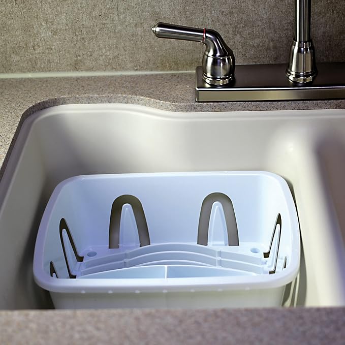 Camco RV Mini Dish Drainer & Tray - Features a Sloped Drain Tray Design, Heavy-Duty Construction - Ideal for Small Spaces, Apartments, Boats, and More -9.5"L x 11.7"W x 4.75"H - White (43511)