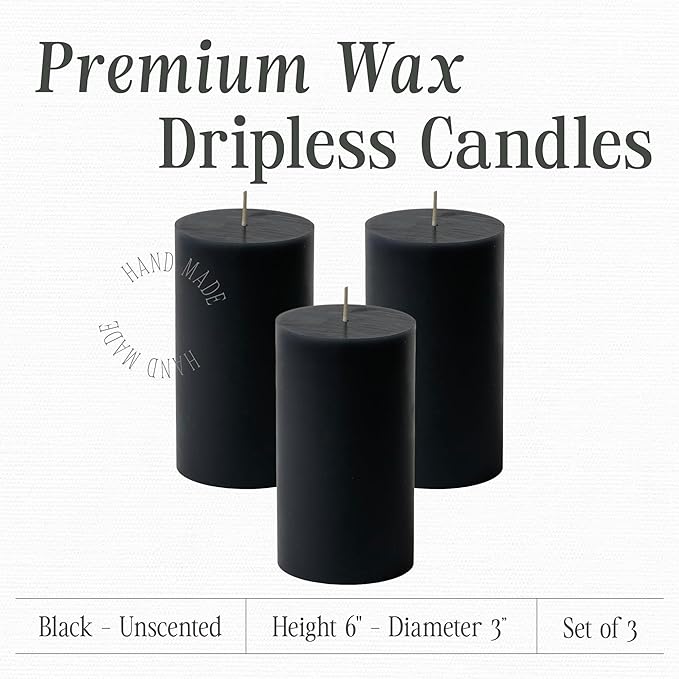 Mister Candle Dripless Unscented Pillar Candles, Set of 3 Hand Poured Black Pillar Candles, Solid Color for Home Decor, Premium Wax, 8 0 Hr Burn Time, 3x6 Inch