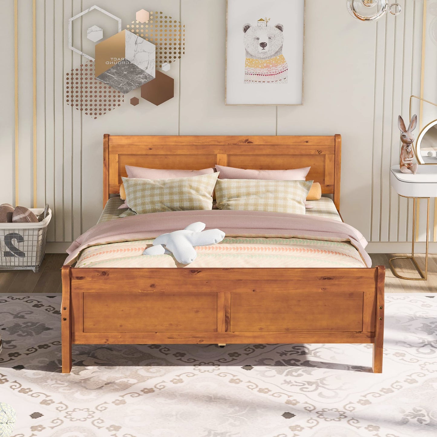 GDFStudio Queen Bed Frame, Wood Platform Queen Size Bed Frame with Headboard and Solid Wood Slat Support, Mid Century Modern Wooden Bed Frame for Bedroom Guest Room, No Box Spring Needed, Oak