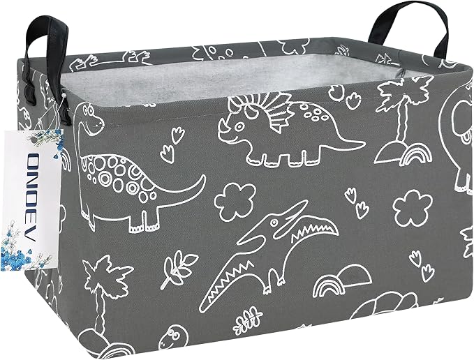 Rectangular Dinosaur Pattern Storage Bin, Decorative Canvas Laundry Basket with Dual Handles,Foldable Household Toy Organizer,Multipurpose Party Gift Basket for Bedroom Dorm(Gray Line Dinosaur)