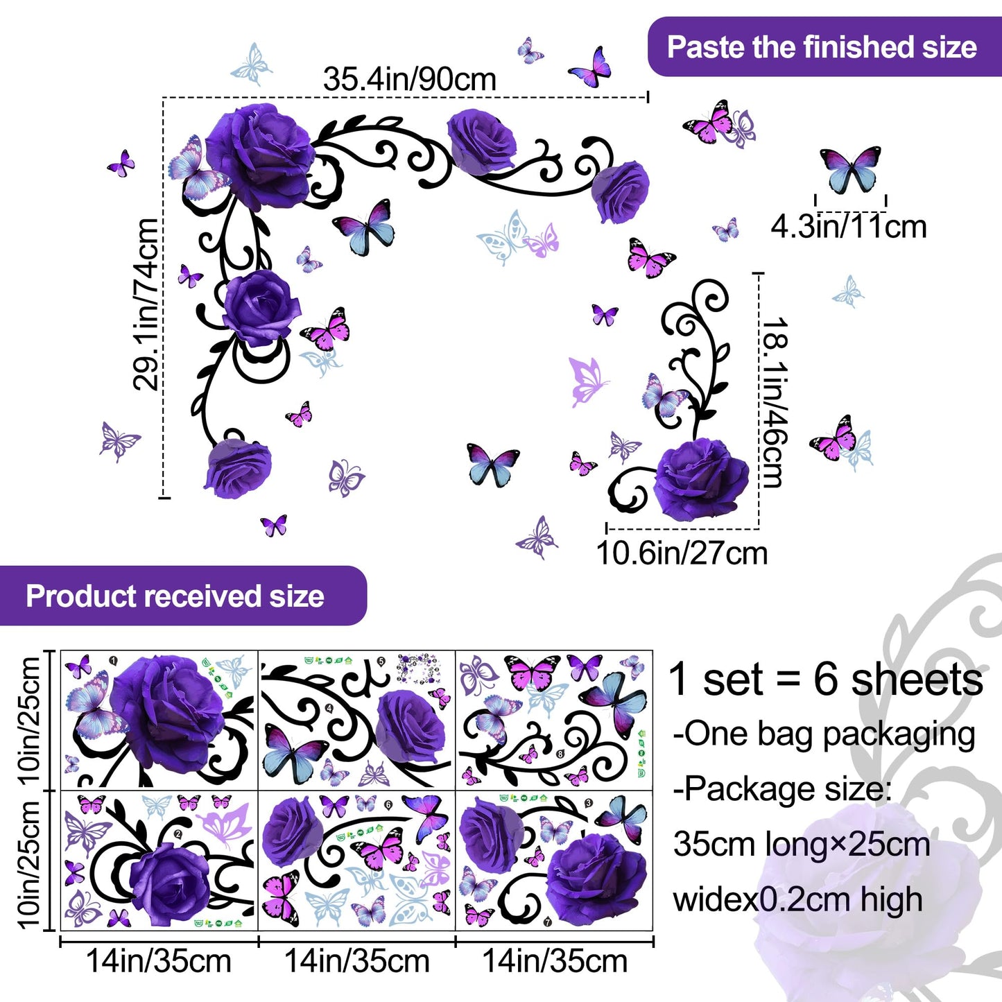 Removable Purple Floral Rose Wall Decor 3D Peel and Stick Flower Vine Black Plants Vines Leaf Wall Stickers Flying Butterfly Wall Decals for Kids Girls Baby Bedroom Nursery Living Room (Purple)
