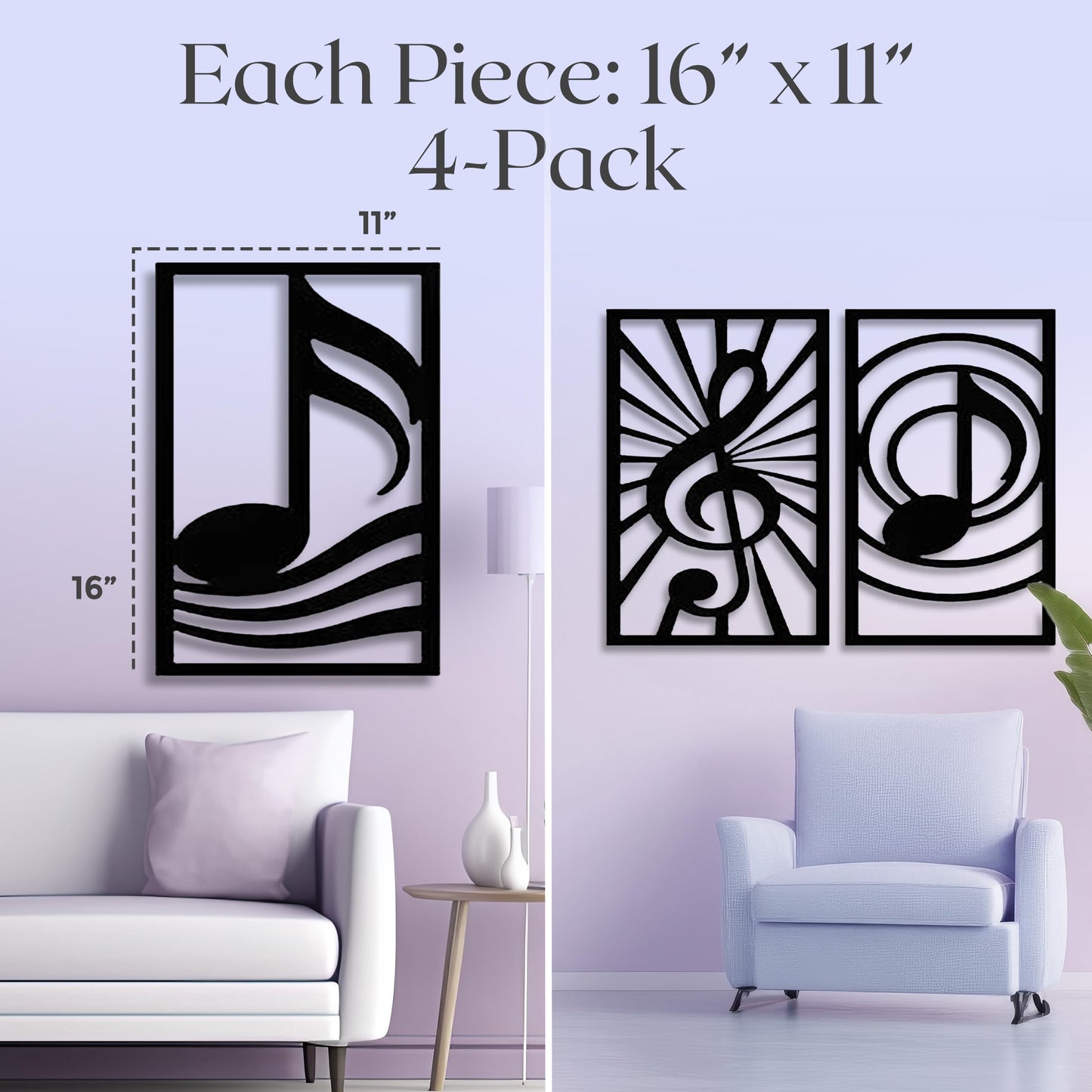 GALLERY GRACE Metal Wall Art Decor – 11" x 16" Set of 4 Single Line Abstract Wall Art for Living Room, Office, or Studio – Modern Minimalist Black Wall Decor with Music Note and Symbol Panels