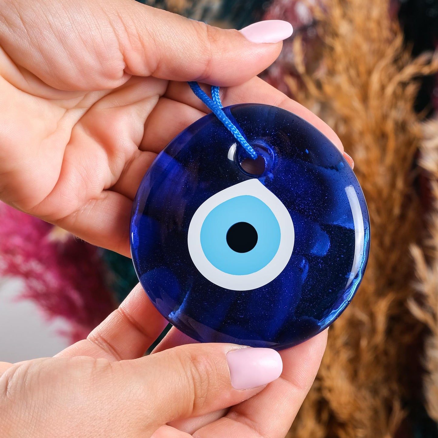 BCS Blue Evil Eye Decor 2.8" Wall Hanging Ornament Glass Handmade Turkish Greek Nazar Amulet Good Luck and Protection Charm for Home, Office, Garden, Door Ojo Turco (in Box)