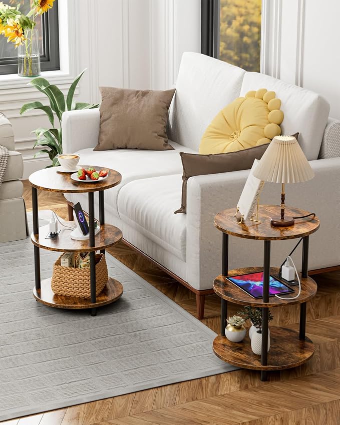 XBurmo Small Round End Table - 3 Tier Design Accent Table, Narrow Side or Bedside Stand, Industrial Vintage Table for Small Spaces, Built-in USB Ports and Power Outlet, Rustic Brown