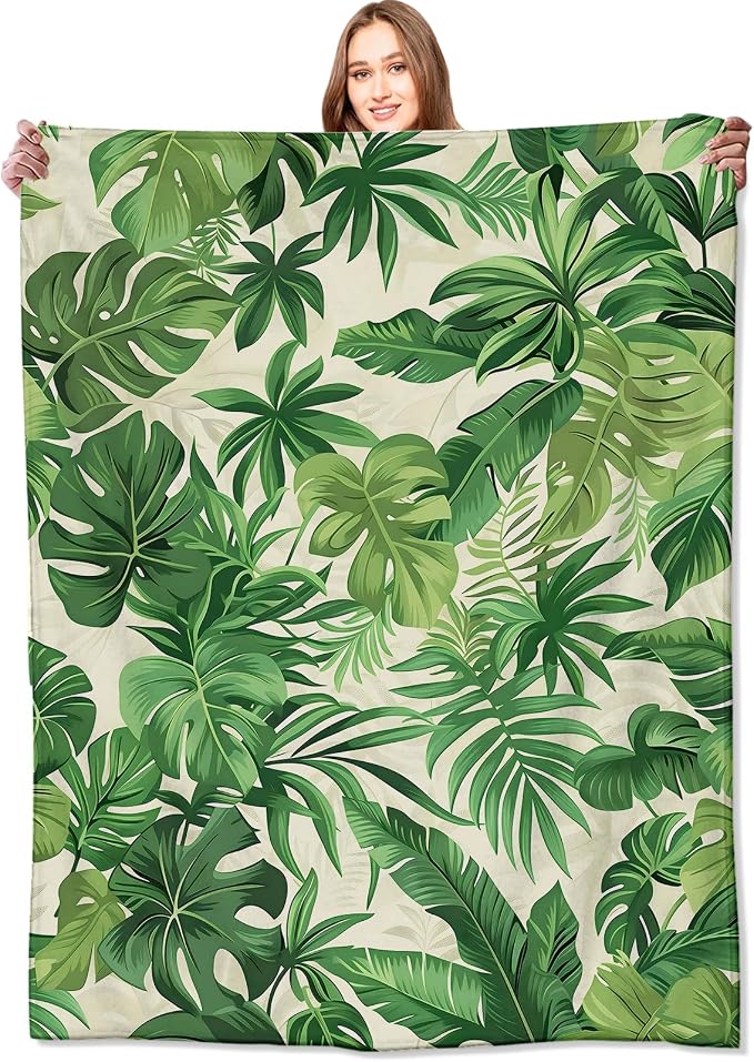 Tropical Green Leaves Blanket Lush Botanical Leaf Throw Blankets with Plant,Birthday Gifts for Girls Women & Nature Lovers,Lightweight Soft Fleece,for Sofa Couch Bed Room Decor 40x50in