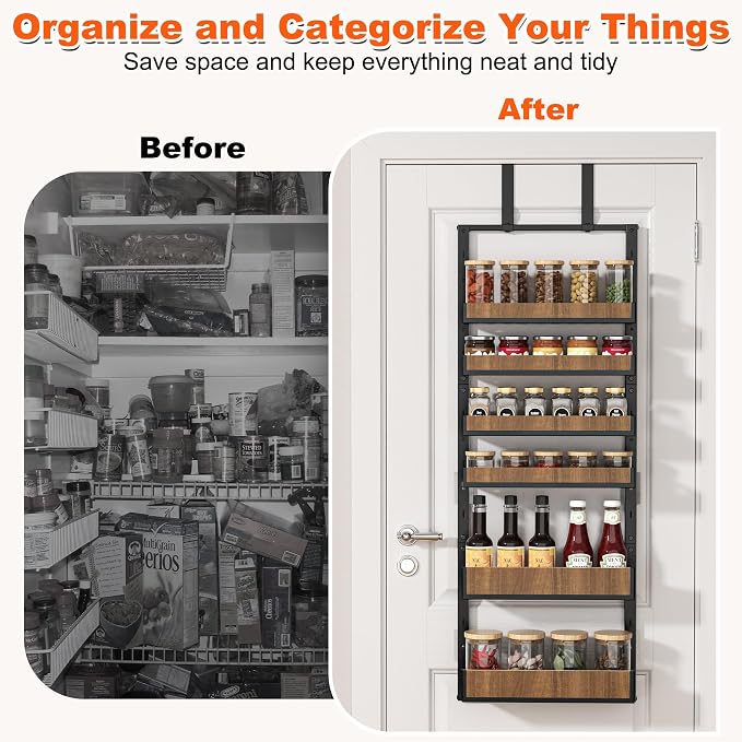 Aquzee Heavy Duty Pantry Door Organizer, 6-Tier Over the Door Pantry Organizer, 2 IN 1 Hanging Wall Mount Spice Rack, Adjustable Baskets, Spice Organization for Cabinet Kitchen Closet